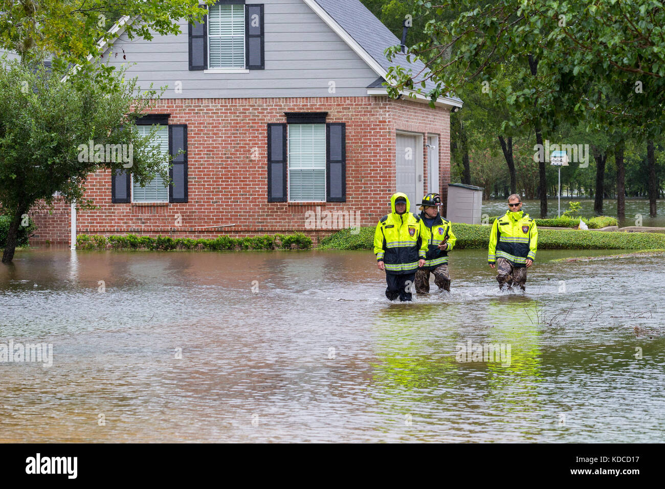 The first responders from Missouri City Fire Station 4 inspect flooded houses in Houston suburb. Emergency services respond to hurricane Harvey Stock Photo