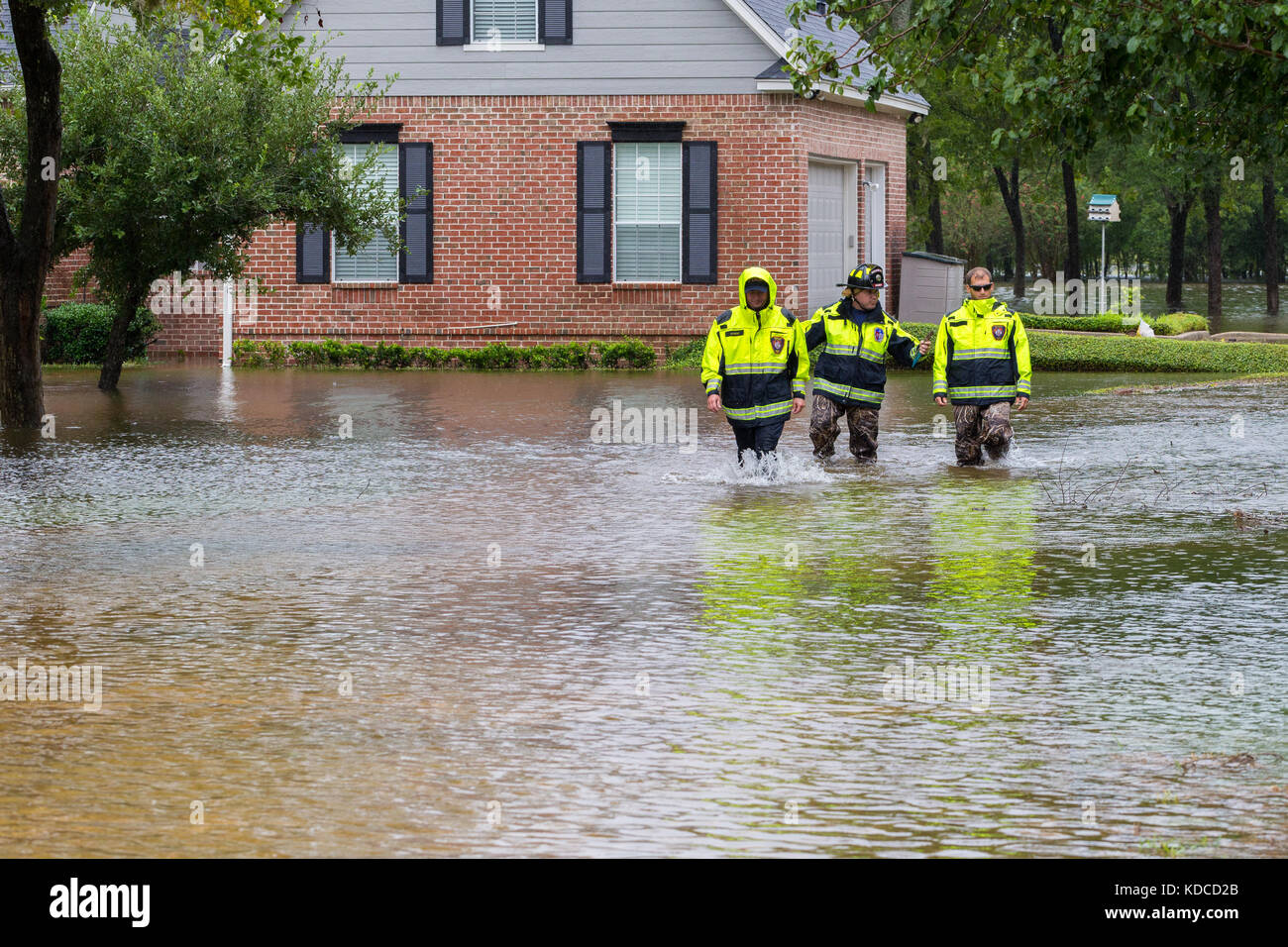 The first responders from Missouri City Fire Station 4 inspect flooded houses in Houston suburb. Emergency services respond to hurricane Harvey Stock Photo