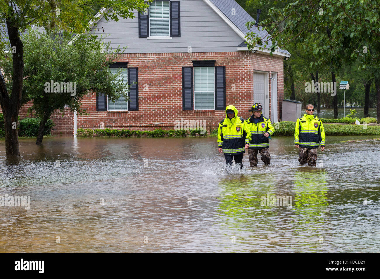 The first responders from Missouri City Fire Station 4 inspect flooded houses in Houston suburb. Emergency services respond to hurricane Harvey Stock Photo