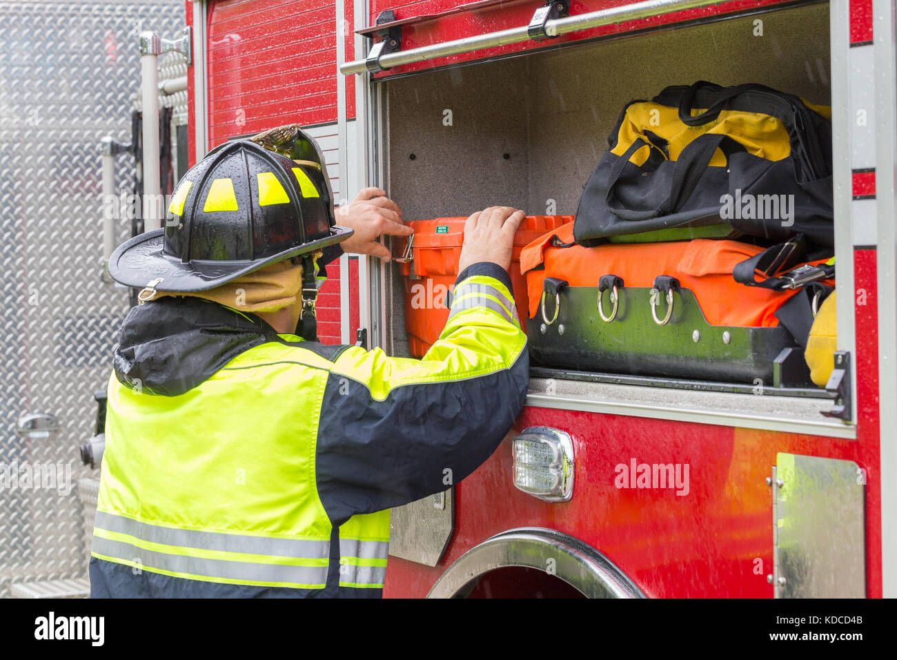 The first responders from Missouri City Fire Station 4 inspect flooded houses in Houston suburb. Emergency services respond to hurricane Harvey Stock Photo