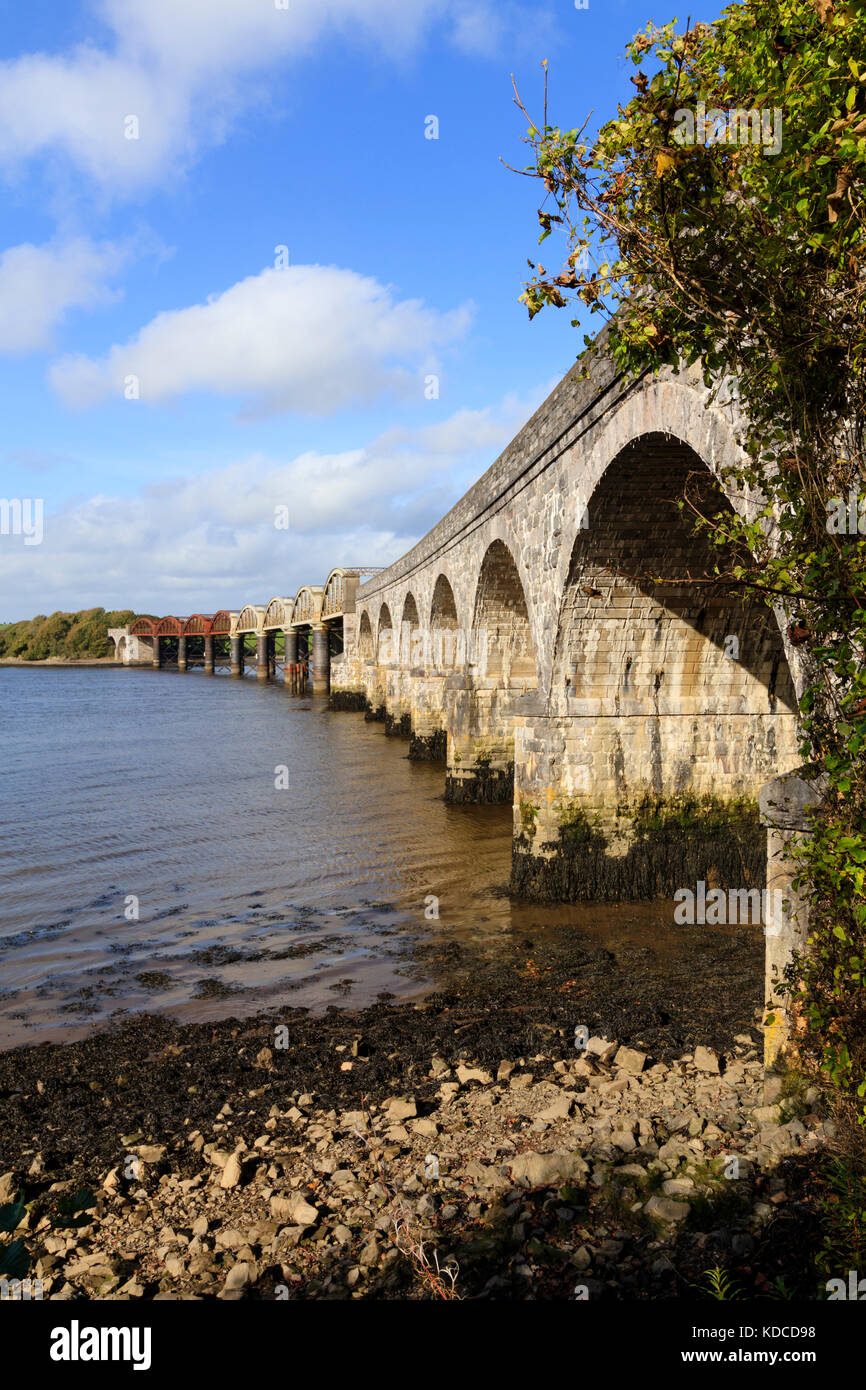 Stone and metal arches of the rail bridge that carries the Tamar Line over the tidal water of the River Tavy estuary where it joins the Tamar Stock Photo