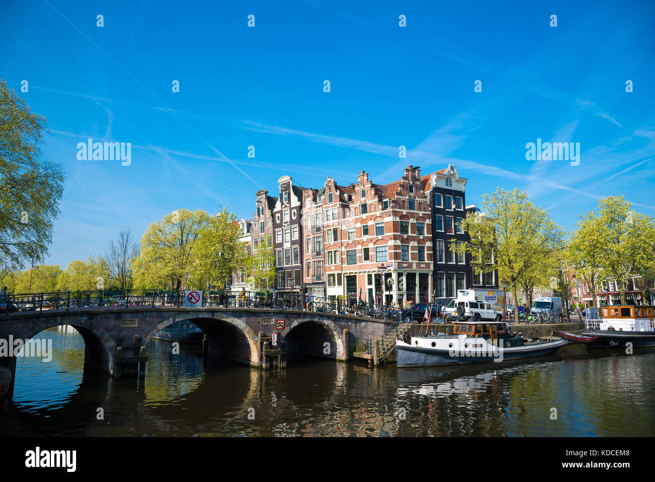 Amsterdam, Netherlands - April 20, 2017: The corner of Brouwersgracht and Prinsengracht in Amsterdam, Europe Stock Photo