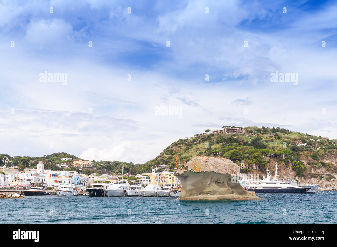 Coastal landscape of Ischia island, Italy. Lacco Ameno port with ...