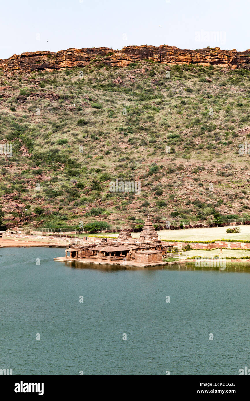 Badami, formerly known as Vatapi, is a town and headquarters of a taluk,  It is famous for its rock cut structural temples. Stock Photo