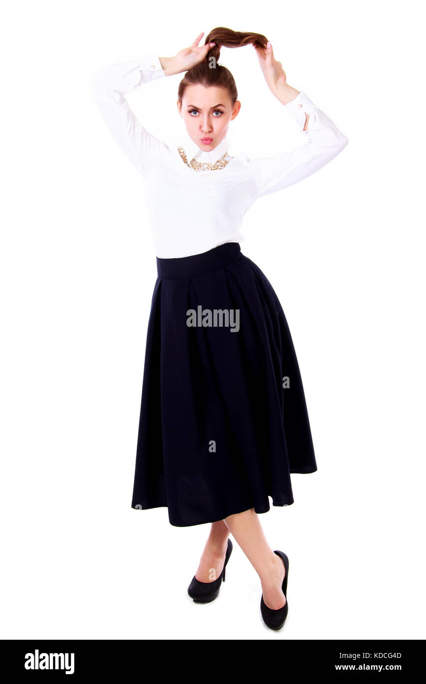 Long black skirt and white cheap blouse