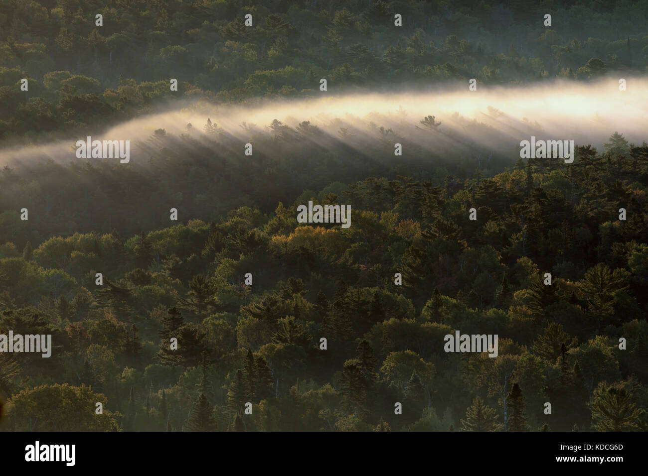 Early morning fog catches the sunrise at Copper Harbor Michigan. Autumn is just begining on Brockway Mountain Stock Photo
