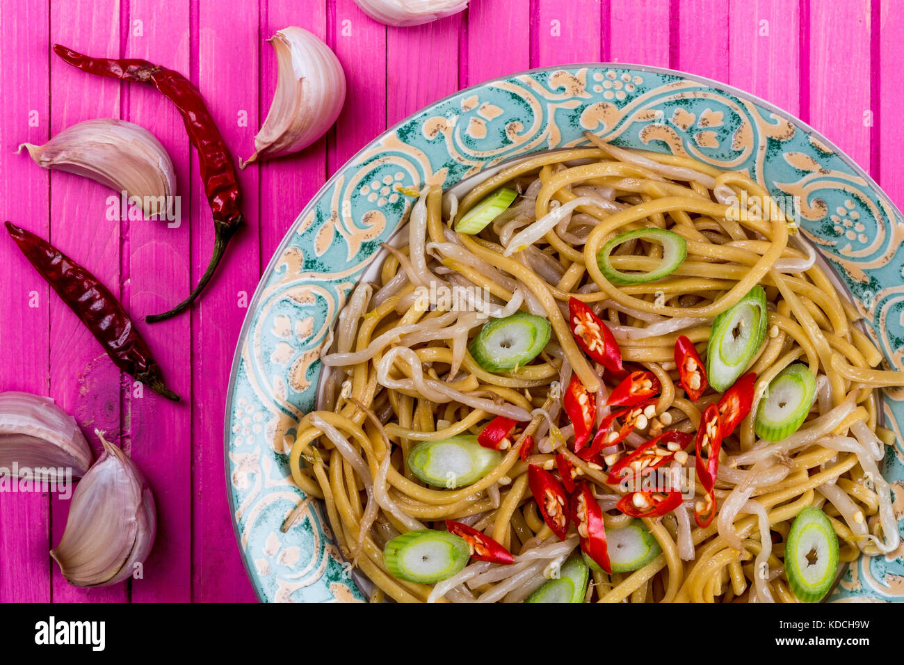 Chinese Style Wok Stir Fried Egg Noodles with Beansprouts and Red