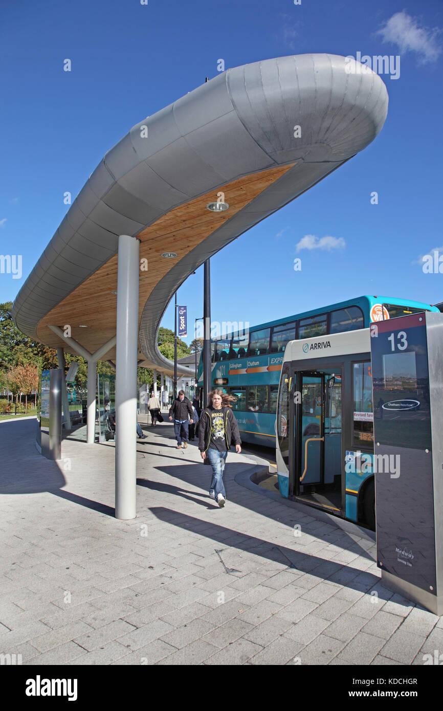 The curved, zinc-clad roof structures at the new Chatham bus station in Kent, UK. Stock Photo