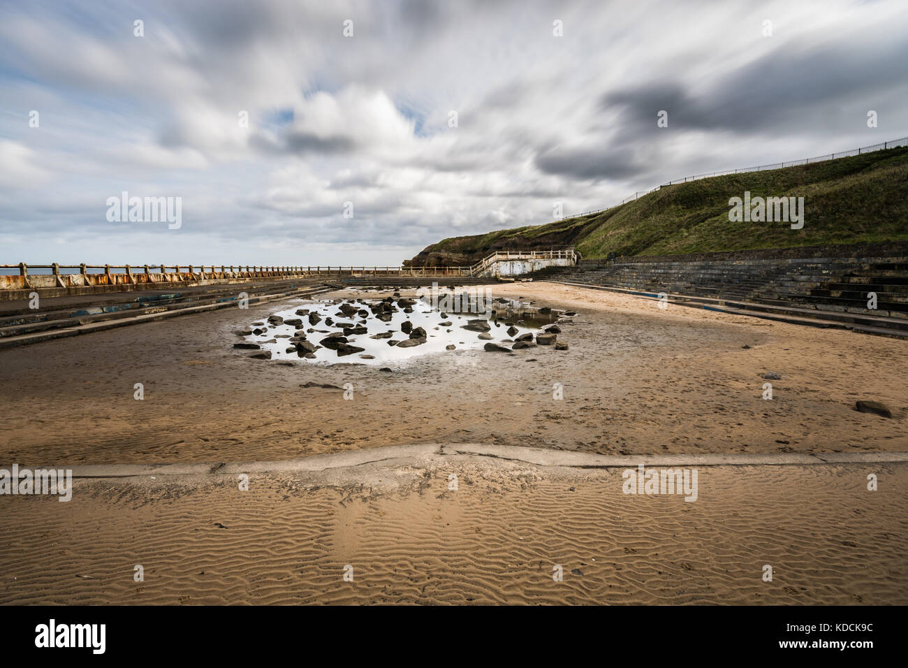 Daytime Long exposure of Tynemouth outdoor swimming pool in North Tyneside under renovation Stock Photo