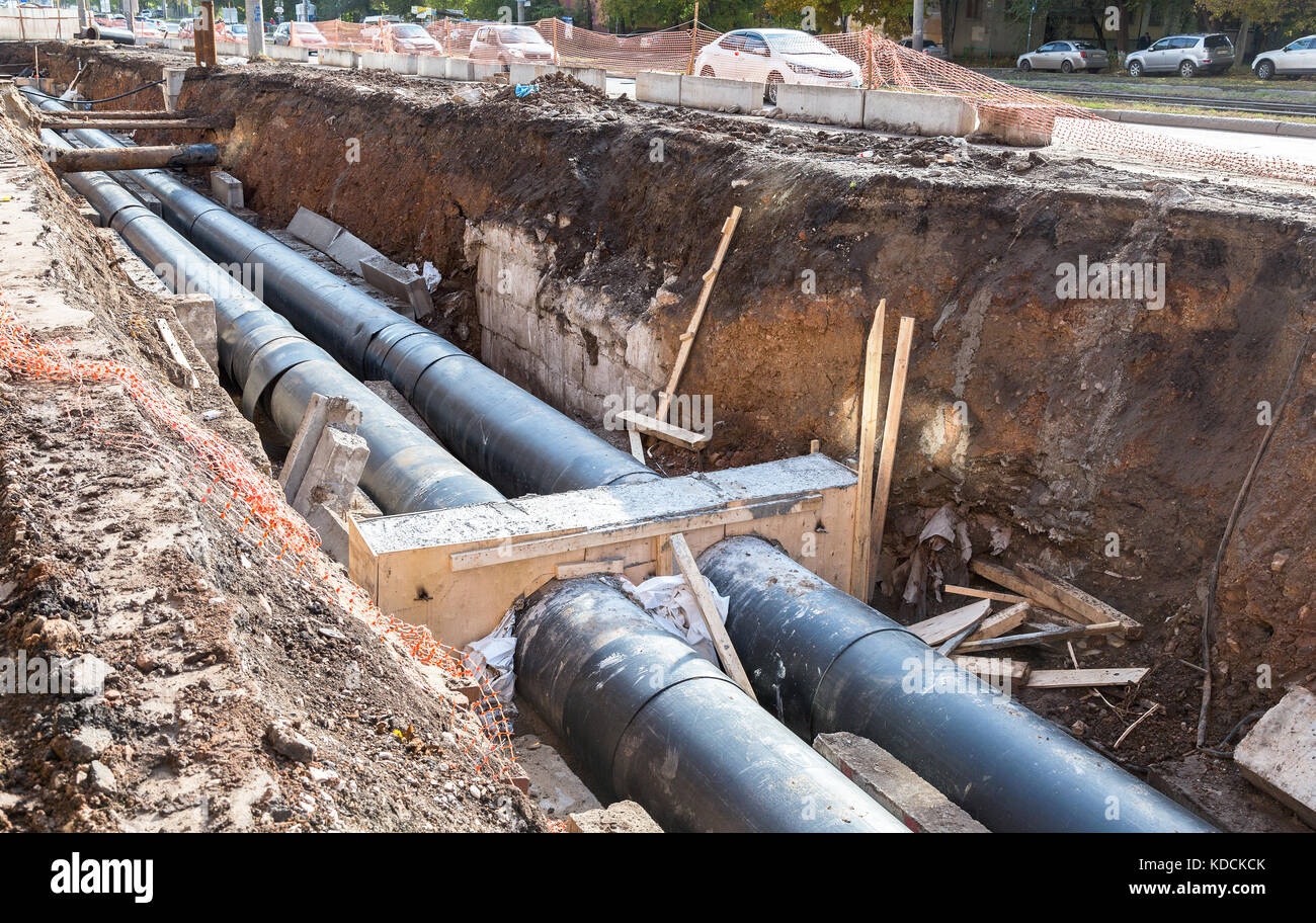 Repair work of heating duct. Replacement pipes of the heating main in