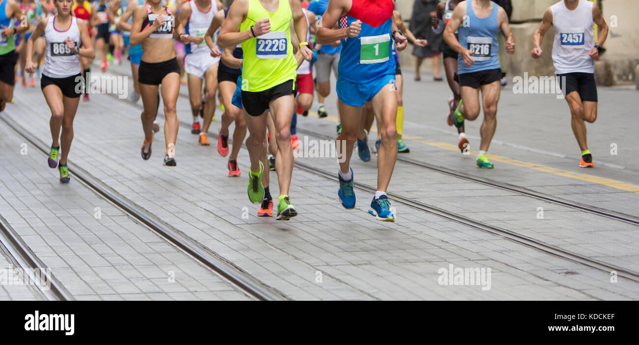 Marathon running race on the city road Stock Photo
