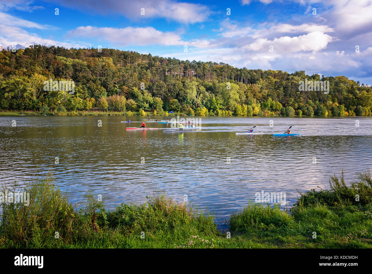 Riverbank of Vah river in Piestany (Slovakia) – kayakers training Stock Photo