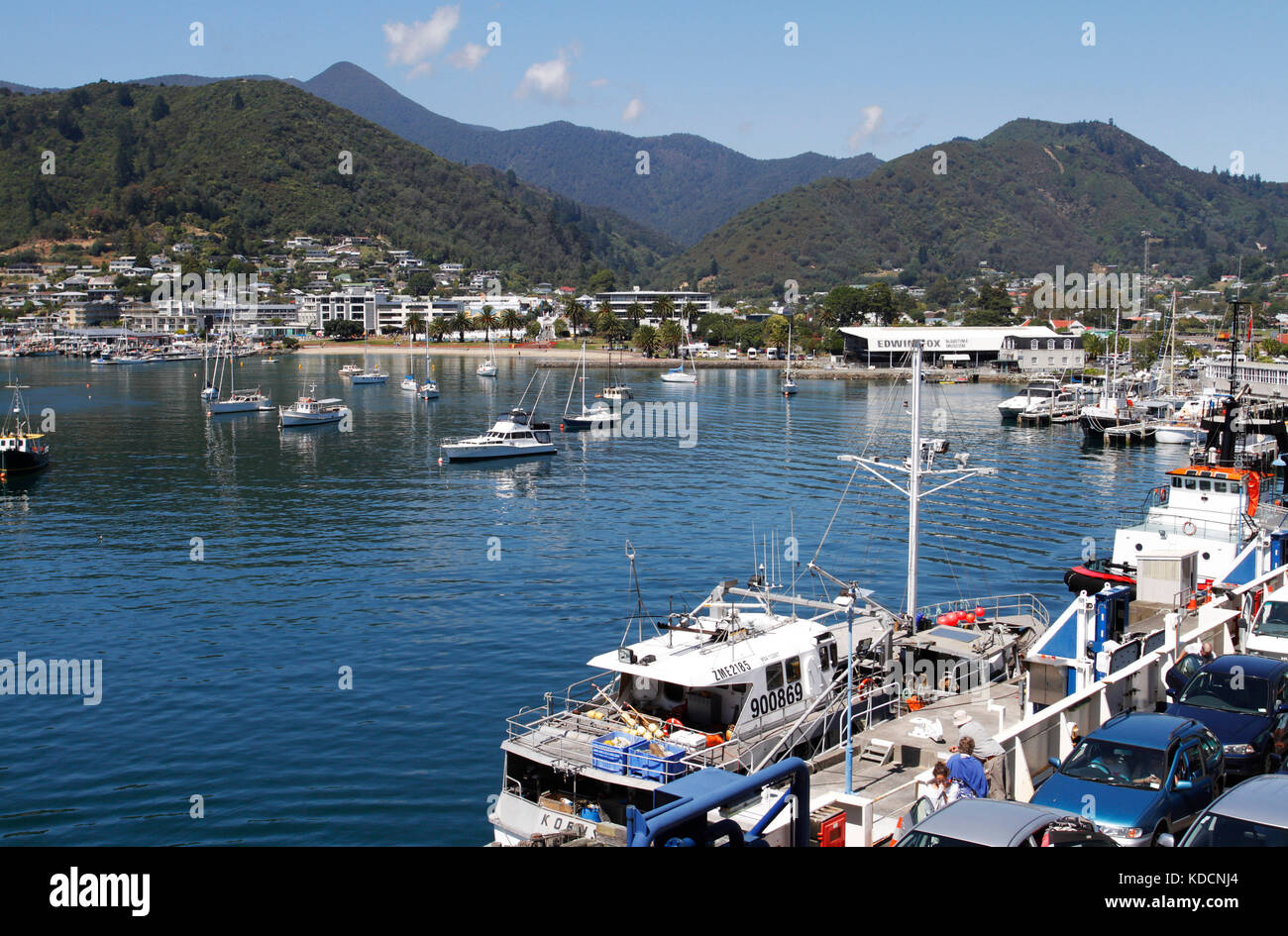 View of Picton from Interislander Ferry in New Zealand. Stock Photo