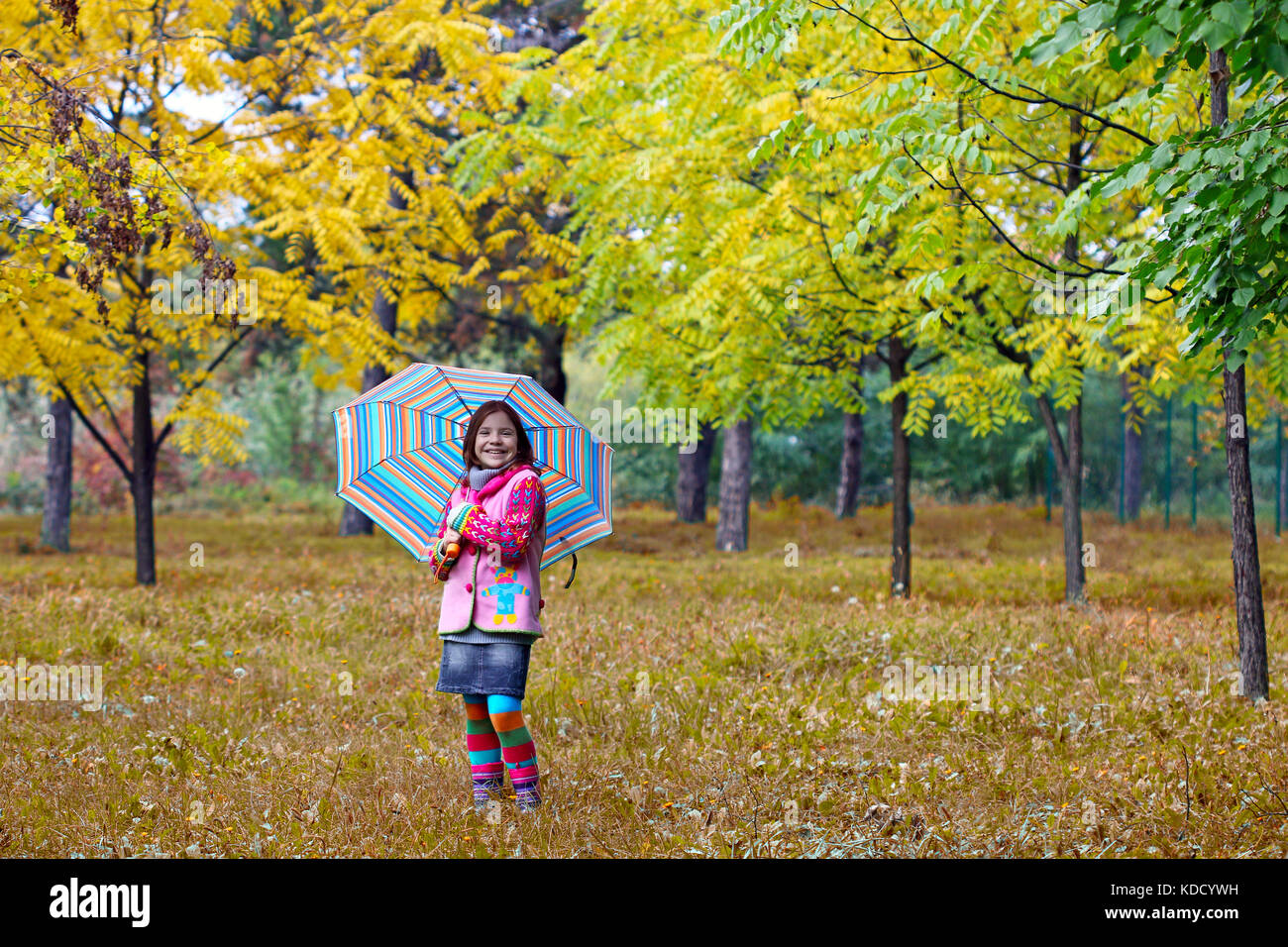 happy little girl with umbrella in park autumn season Stock Photo - Alamy