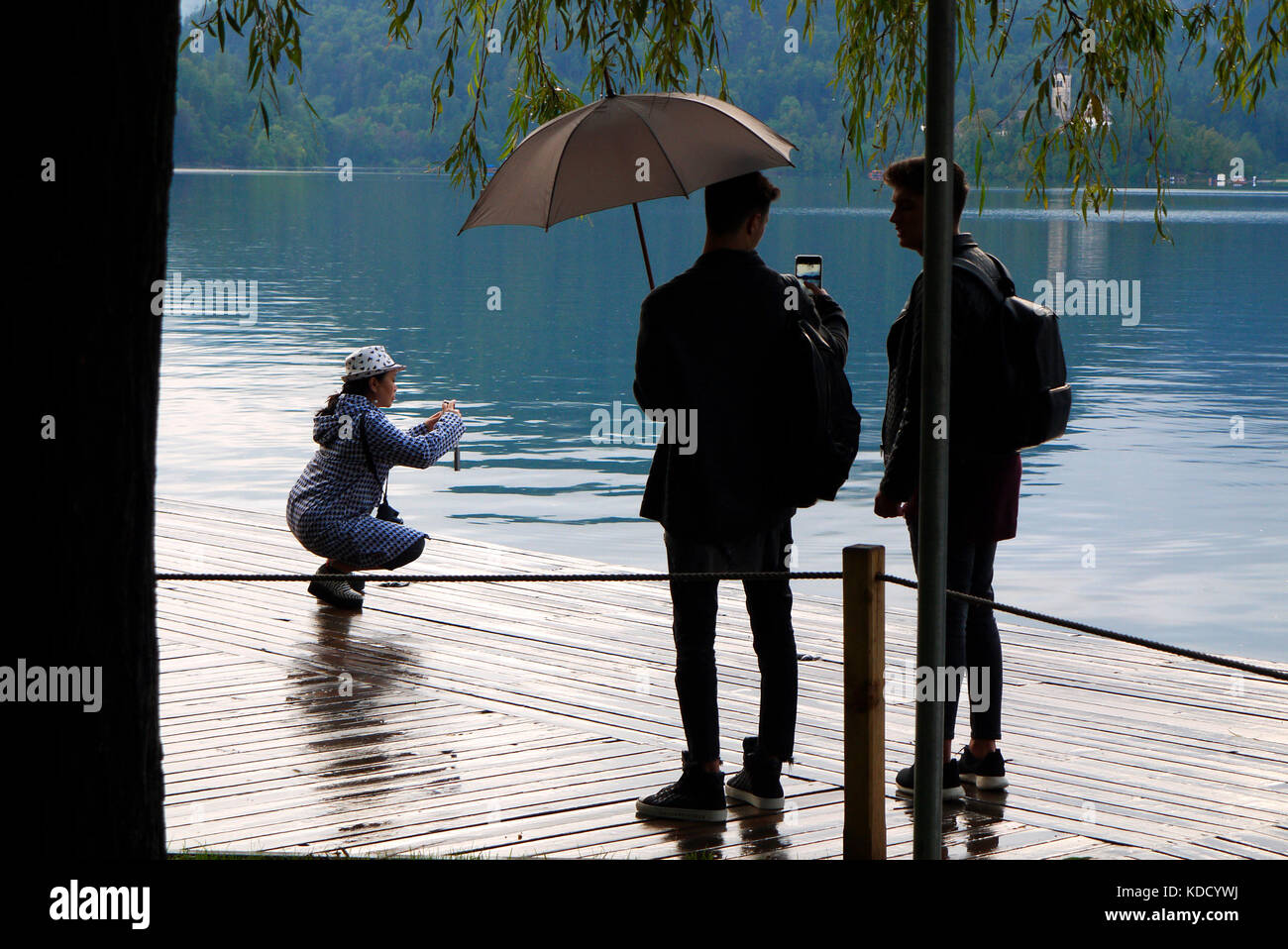 Tourists taking photographs beside Lake Bled in Bled, Slovenia. Stock Photo