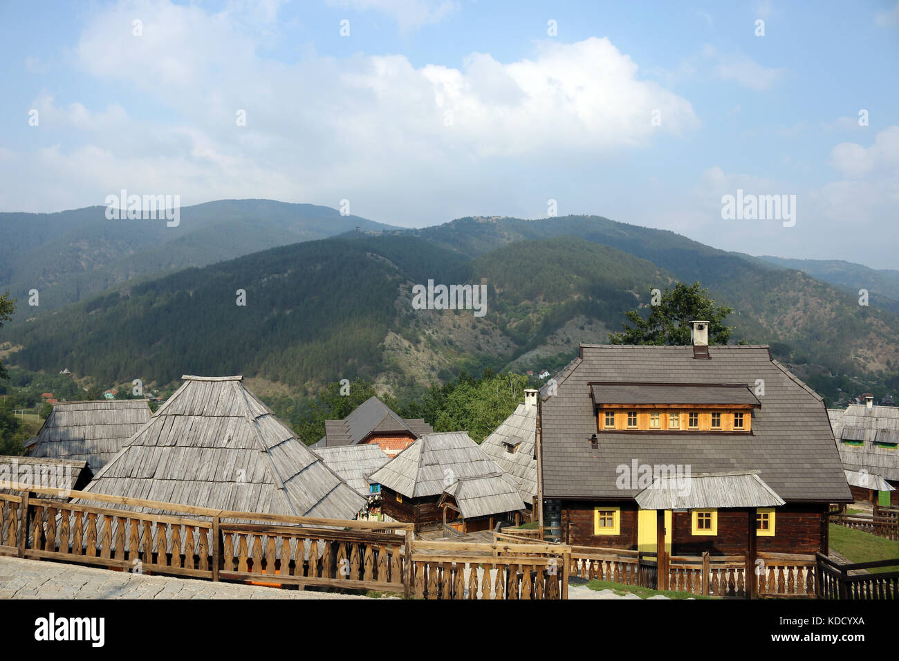 old village with wooden huts mountain landscape Stock Photo - Alamy