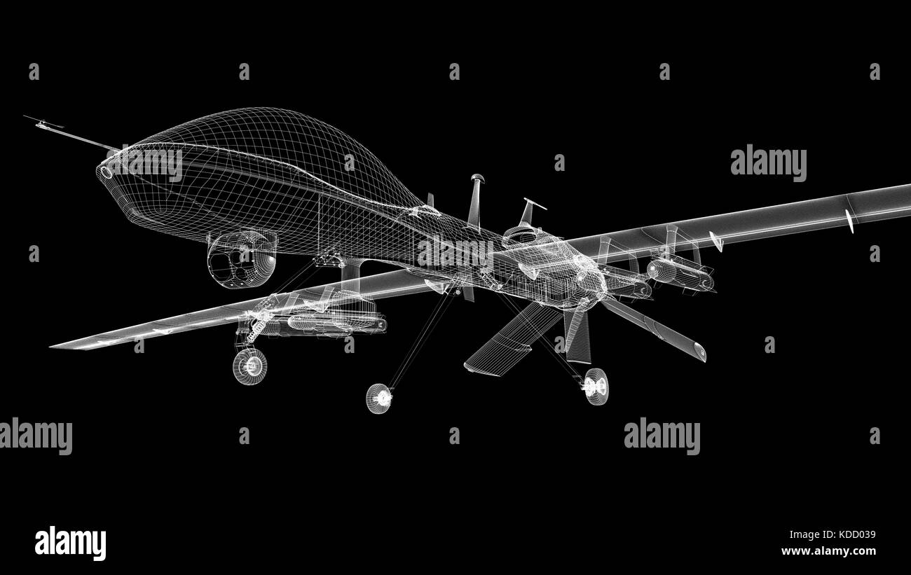 MQ-1C Gray Eagle military drone with hellfire missiles. Gear down. Wire 3d  render. Black background Stock Photo - Alamy