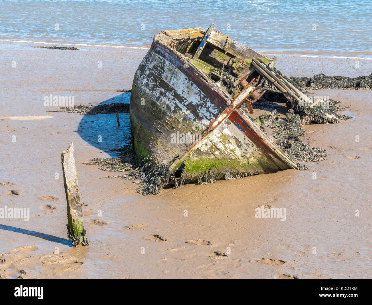 A sunken wreck of a fishing boat at Orford Ness in Suffolk, UK Stock Photo