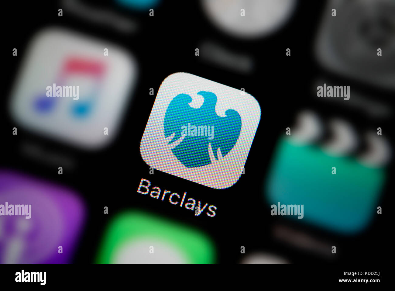 A close-up shot of the logo representing Barclays Bank app icon, as seen on the screen of a smart phone (Editorial use only) Stock Photo