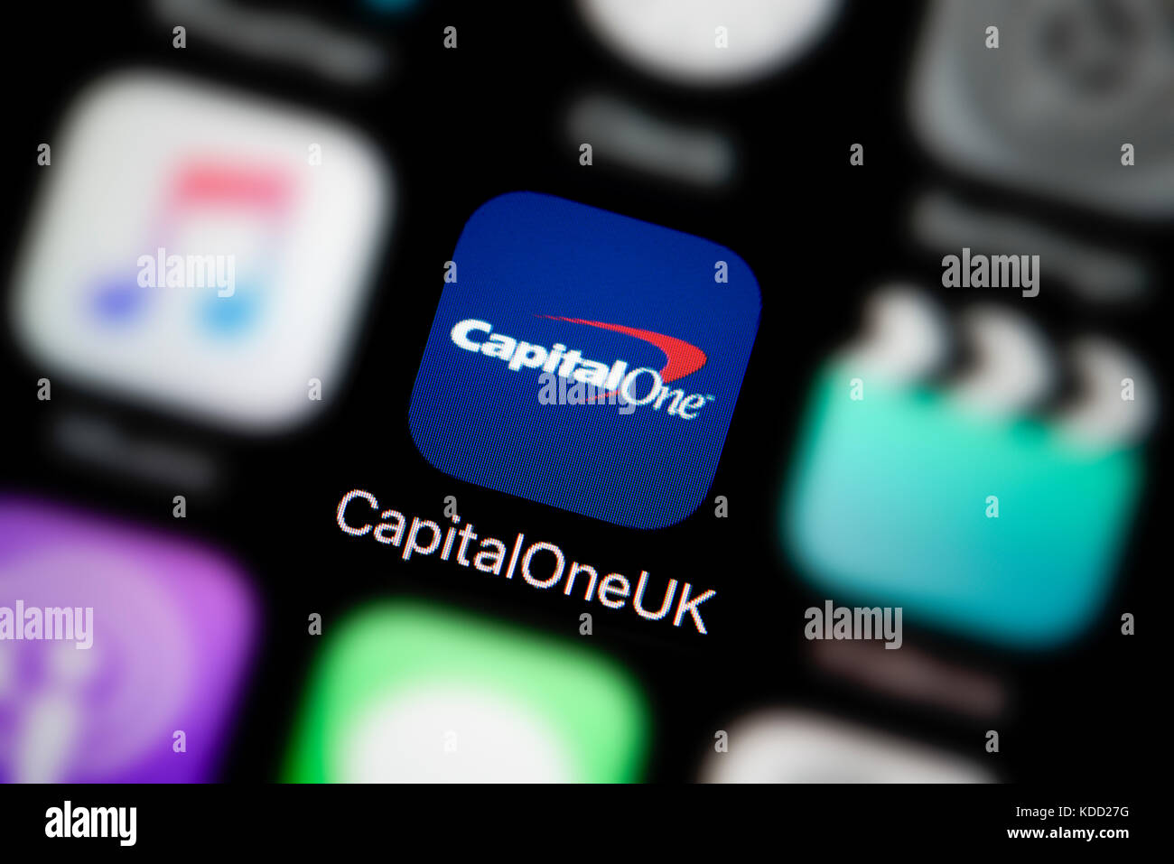 A close-up shot of the logo representing Capital One UK app icon, as seen on the screen of a smart phone (Editorial use only) Stock Photo