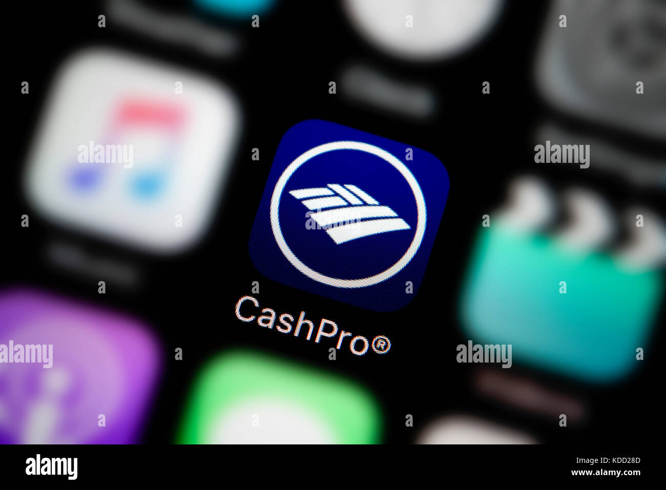 A close-up shot of the logo representing Bank of America CashPro app icon, as seen on the screen of a smart phone (Editorial use only) Stock Photo