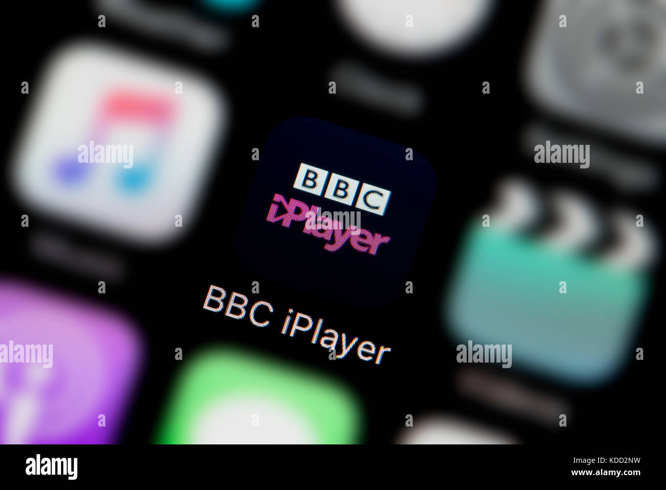 A close-up shot of the logo representing BBC iPlayer app icon, as seen on the screen of a smart phone (Editorial use only) Stock Photo