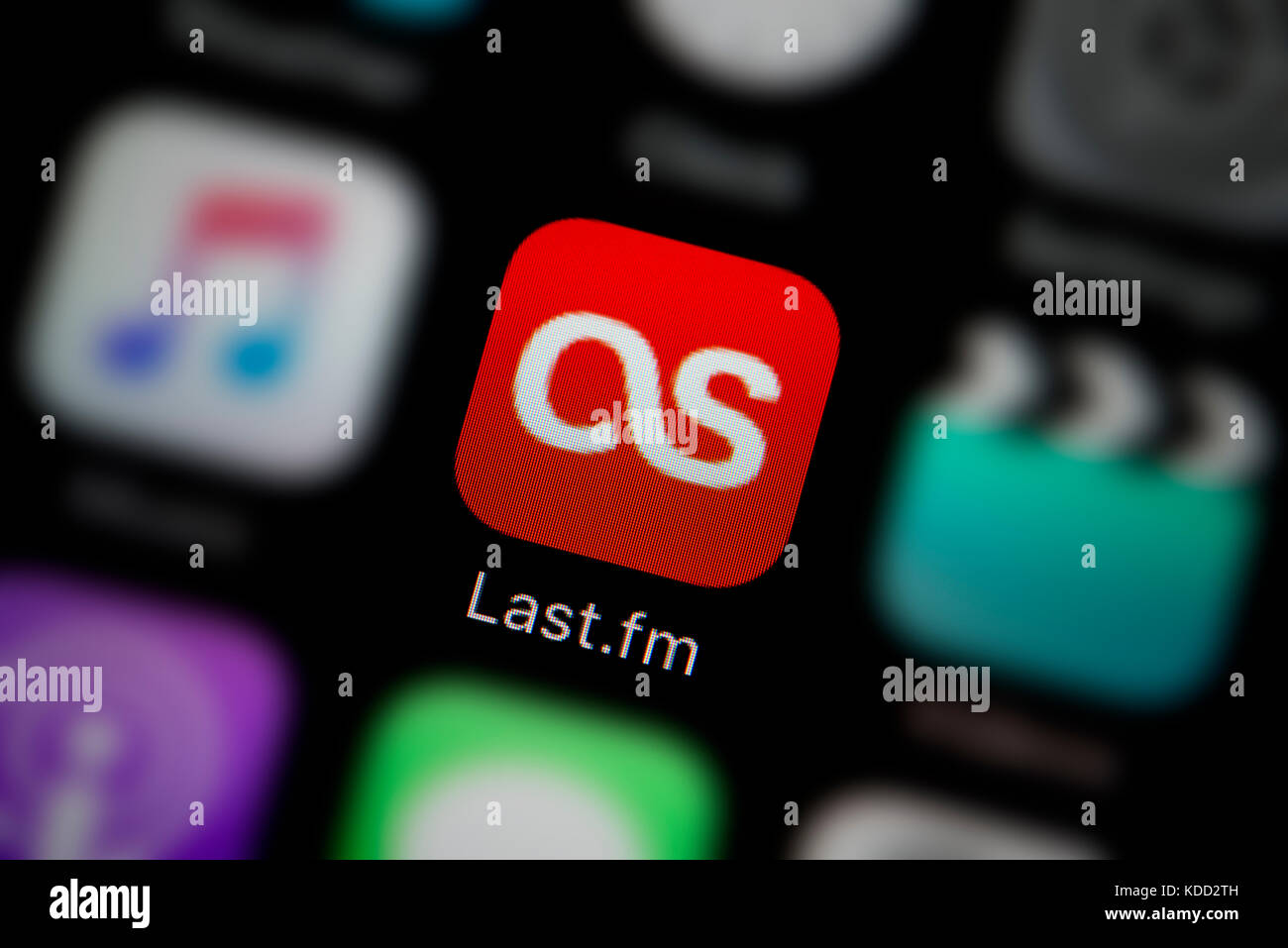 A close-up shot of the logo representing Last FM app icon, as seen on the screen of a smart phone (Editorial use only) Stock Photo