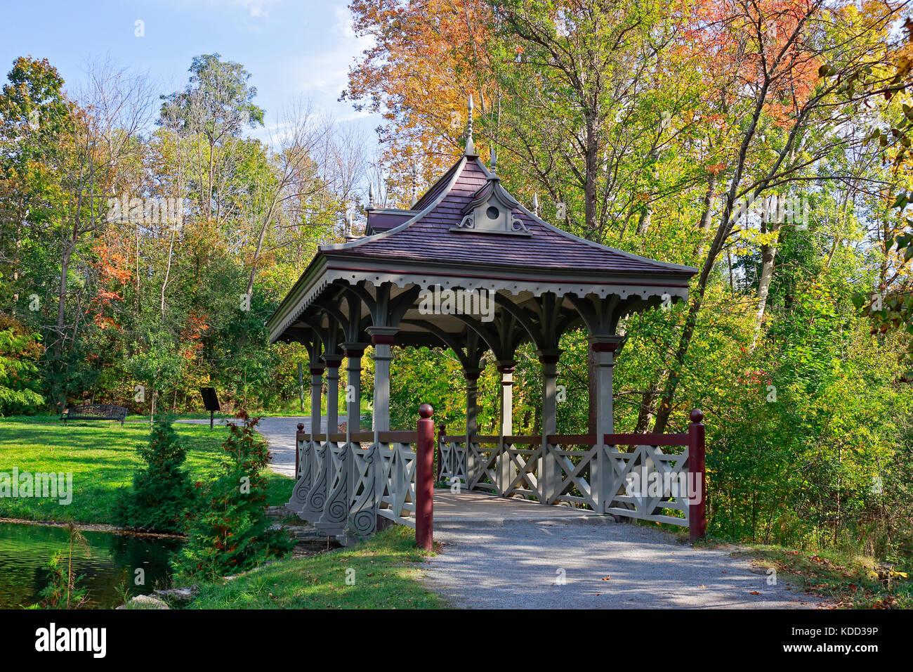 Peterborough covered Pagoda Bridge built  in 1894-1895, a Victorian style wood bridge over creek in picturesque Jackson Park on Trans Canada Trail Stock Photo