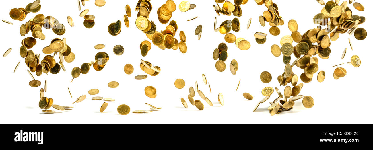 Panorama of falling gold coins money isolated on the white background ...