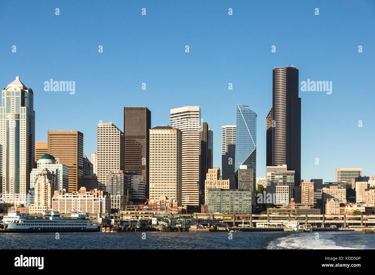 Sunset over Seattle downtown district, with many office towers and skyscrapers in Washington state largest city in the USA Stock Photo