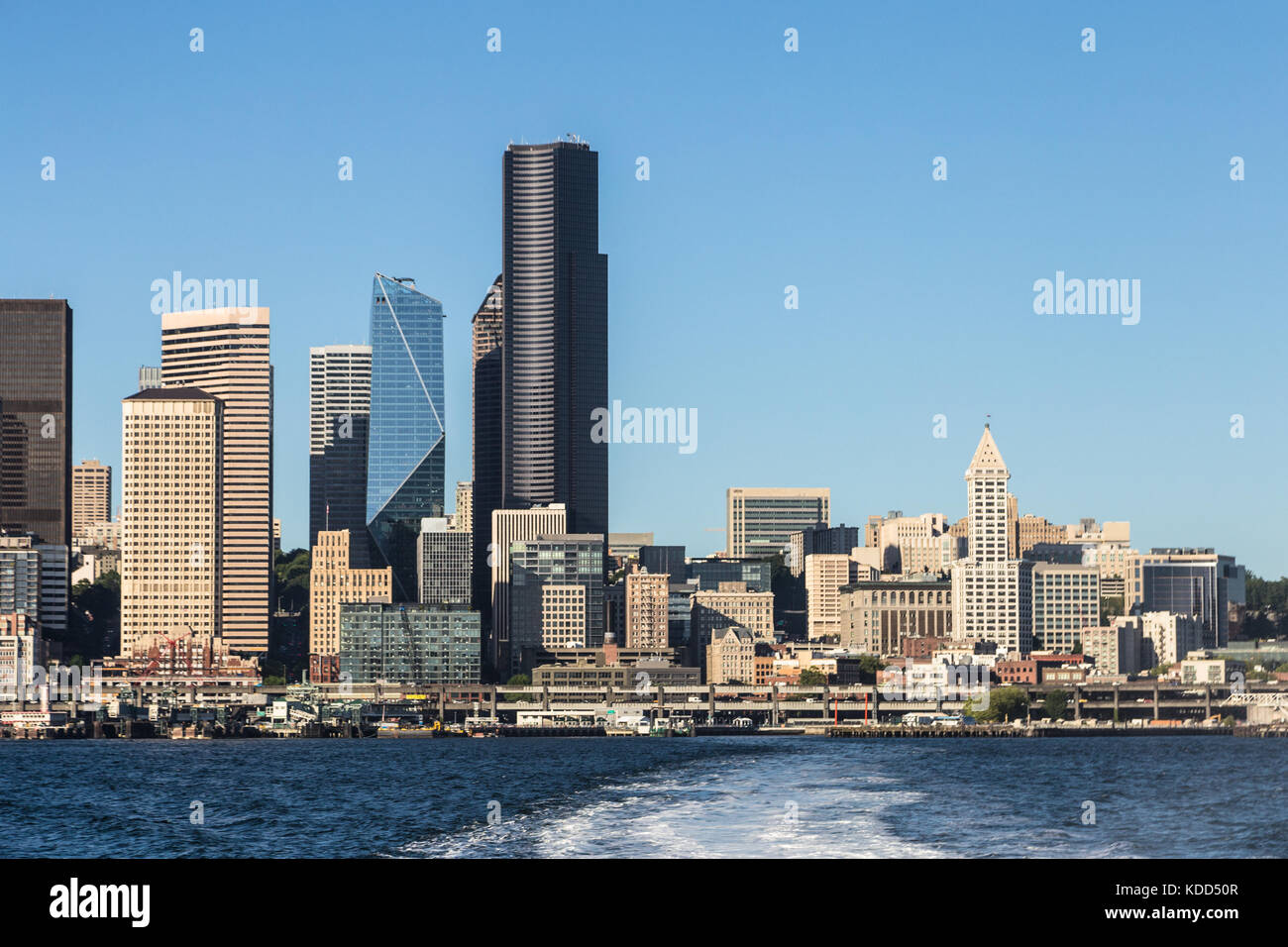 Sunset over Seattle downtown district, with many office towers and skyscrapers in Washington state largest city in the USA Stock Photo