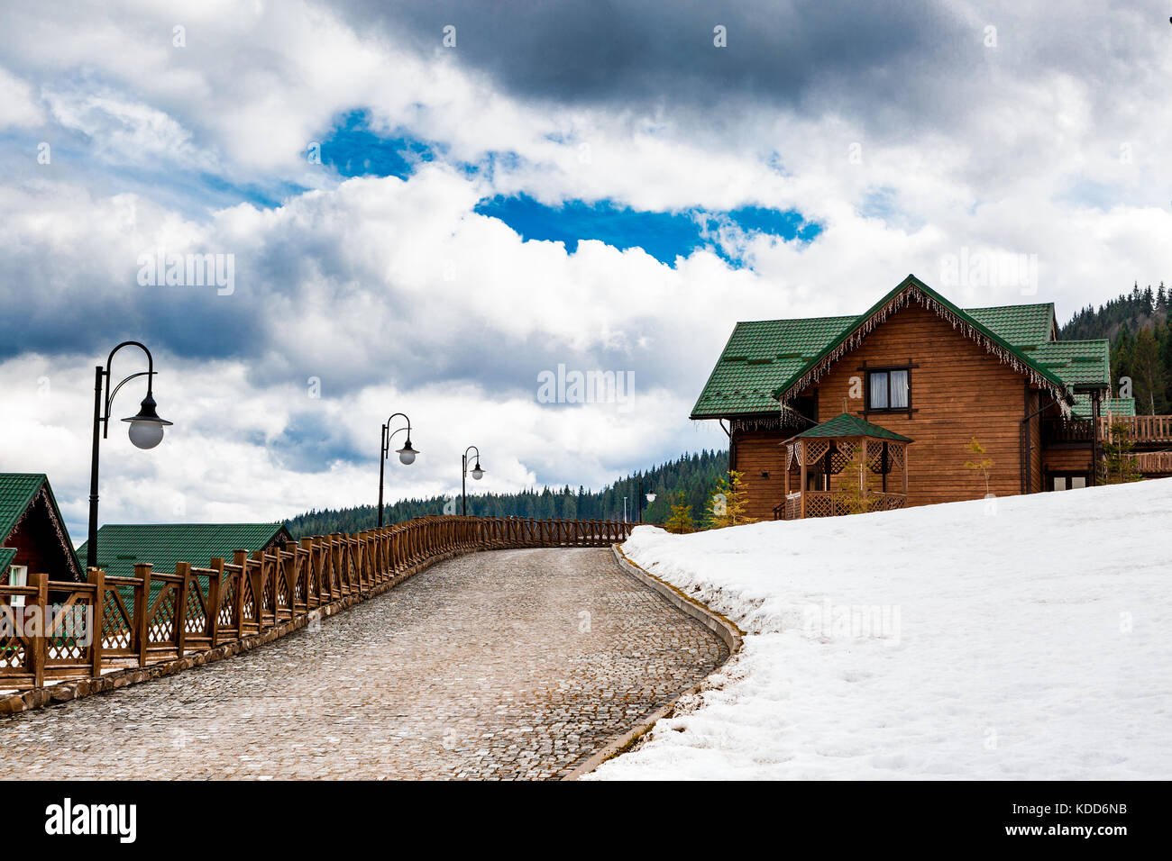 BUKOVEL, UKRAINE, March 06, 2017 wooden houses in the Ukrainian resort