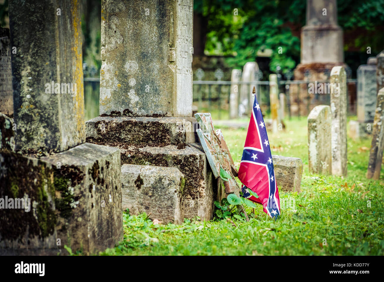 A confederate flag on a Civil War veteran's grave in Virginia. Stock Photo