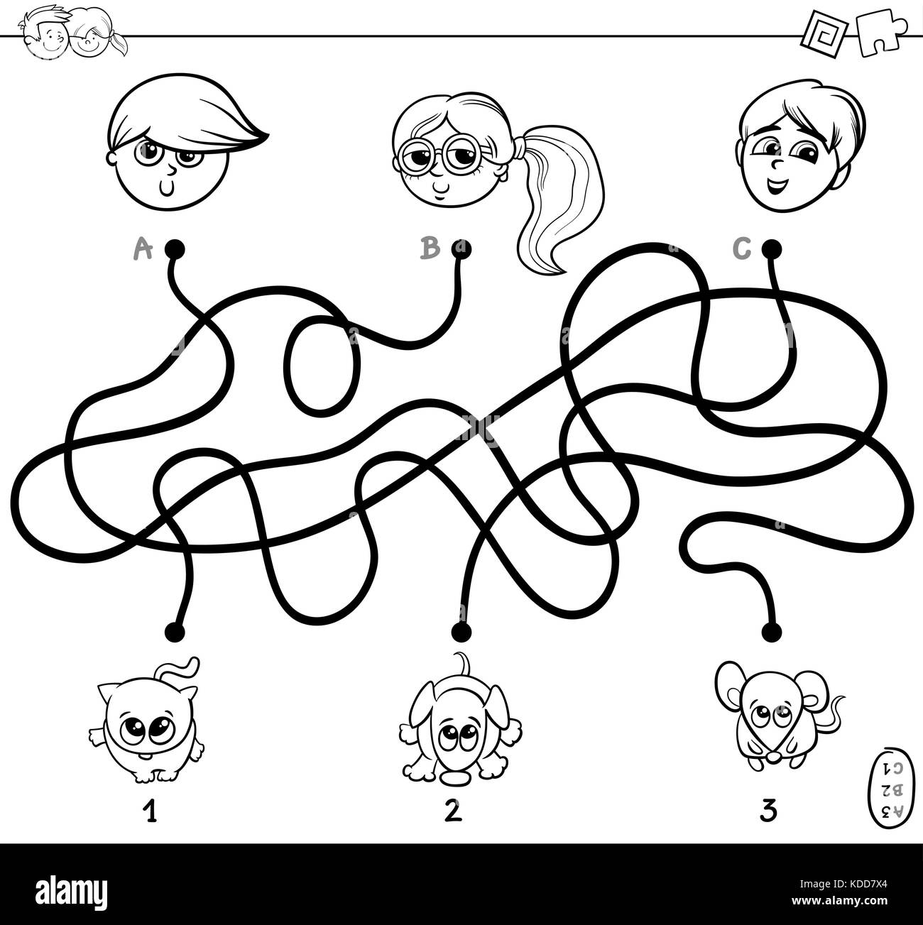 Black and White Cartoon Illustration of Paths or Maze Puzzle Activity Game with Children and Pets Characters Coloring Book Stock Vector