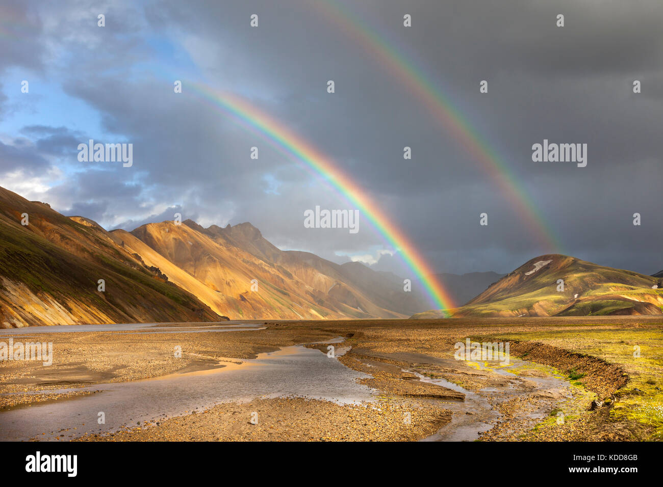 Double Rainbows over the Barmur Rhyolite Mountains and the River Jokulgilskvisl at Landmannalaugar Iceland Stock Photo