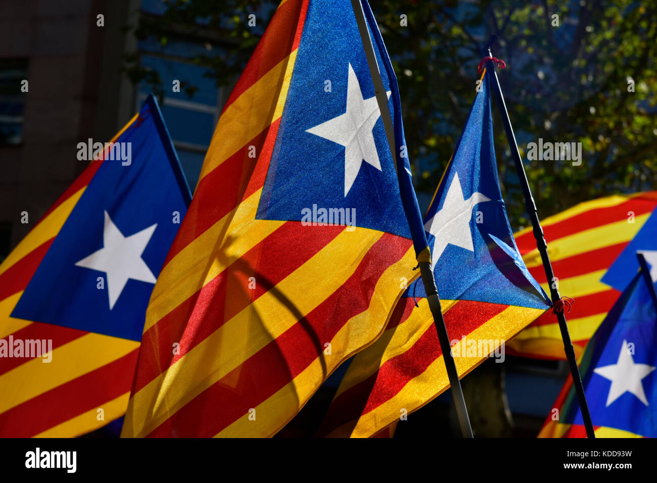 some estelada, the catalan pro-independence flag, against the sky, with a retro effect Stock Photo