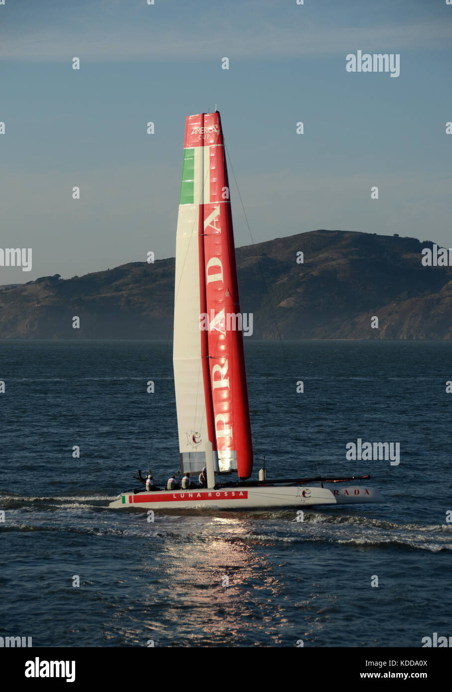 San Francisco, USA - October 2, 2012: America's Cup Luna Rossa catamaran sails in the San Francisco Bay prior to racing day. Luna Rossa is sponsored b Stock Photo