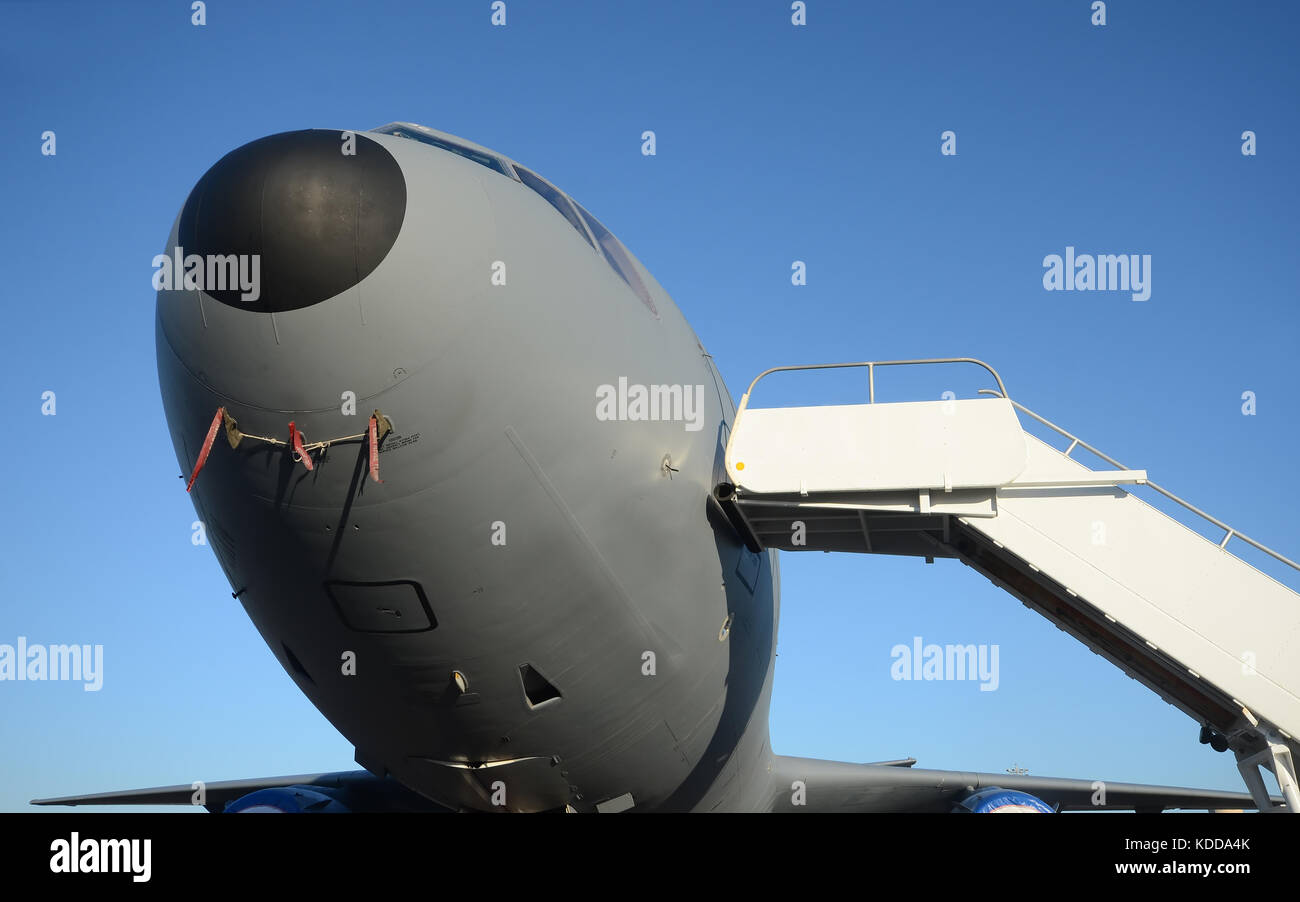 Heavy military tanker plane nose view Stock Photo