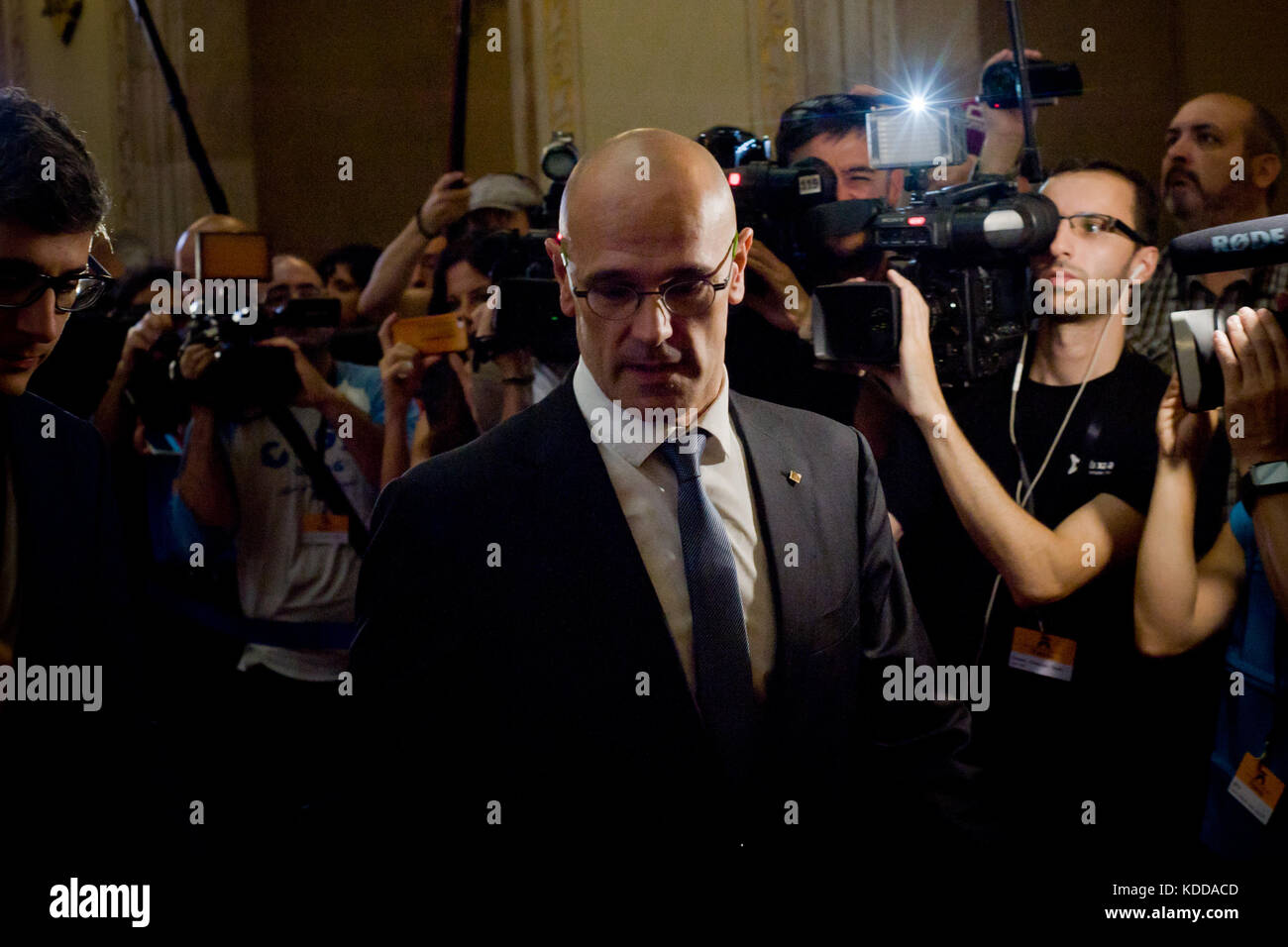 Catalan Foreign Affairs chief Raul Romeva is seen at the Catalonian Parliament hours prior to the debate on independence referendum results. Stock Photo