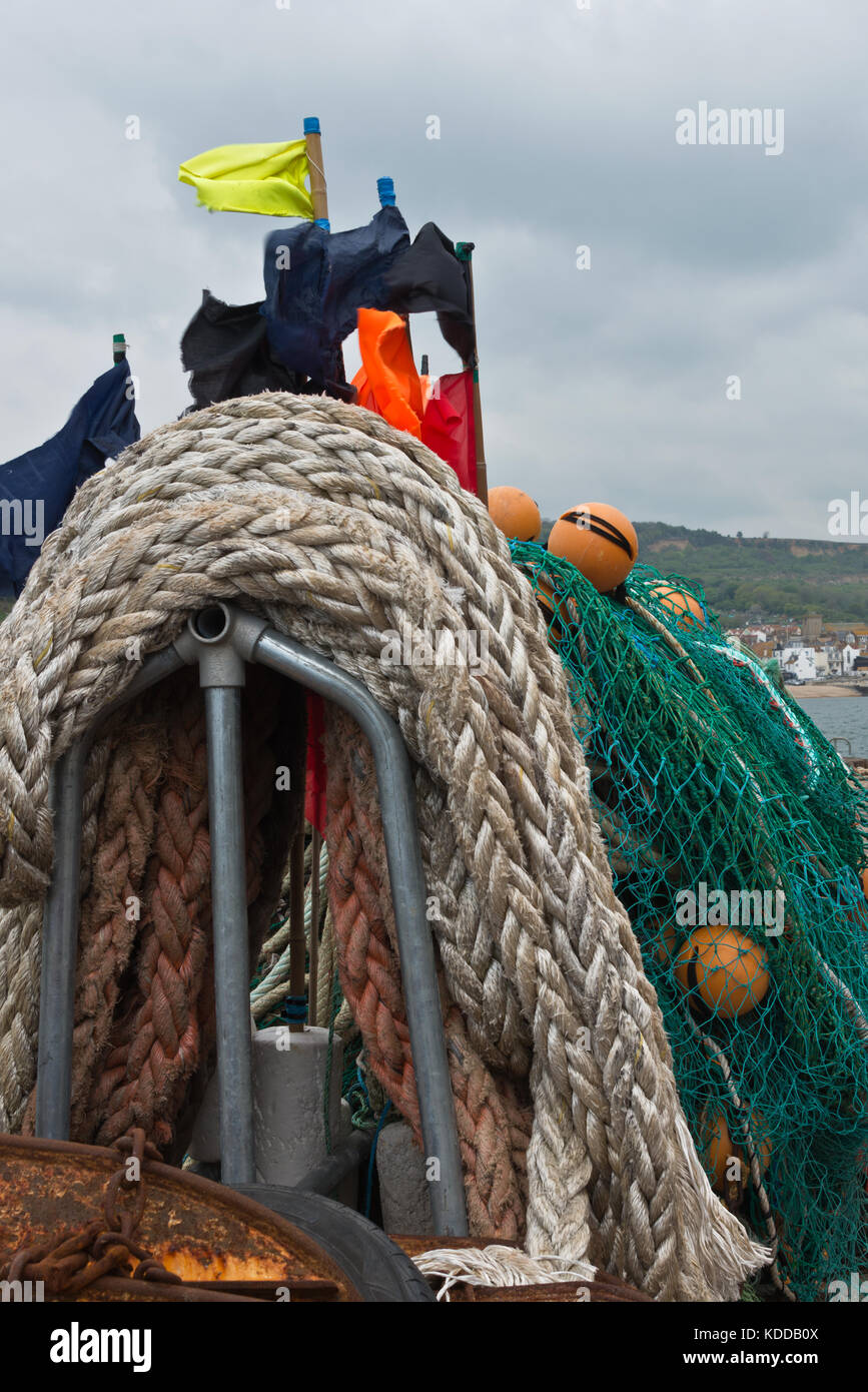 fishing gear, marker flags, nets; ropes and floats piled up on the