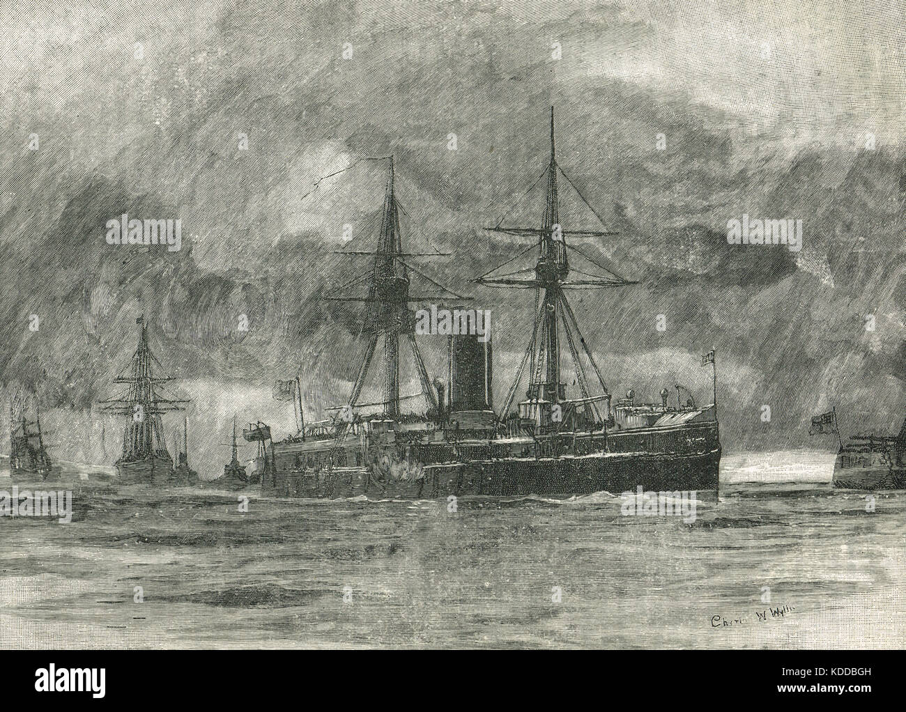 British fleet in the Dardanelles. The Mediterranean squadron transit of the Dardanelles straits on 14 February 1878. A show of force ordered by Disraeli, during the Russo-Turkish War 1877–1878 Stock Photo