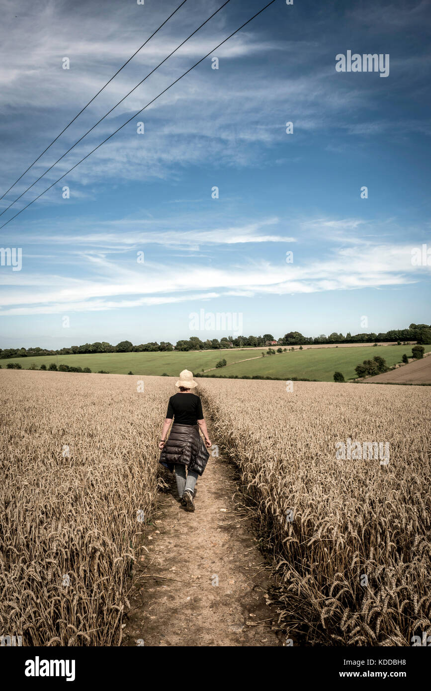 Woman walking across a field near Stelling Minnis in Kent, UK Stock Photo