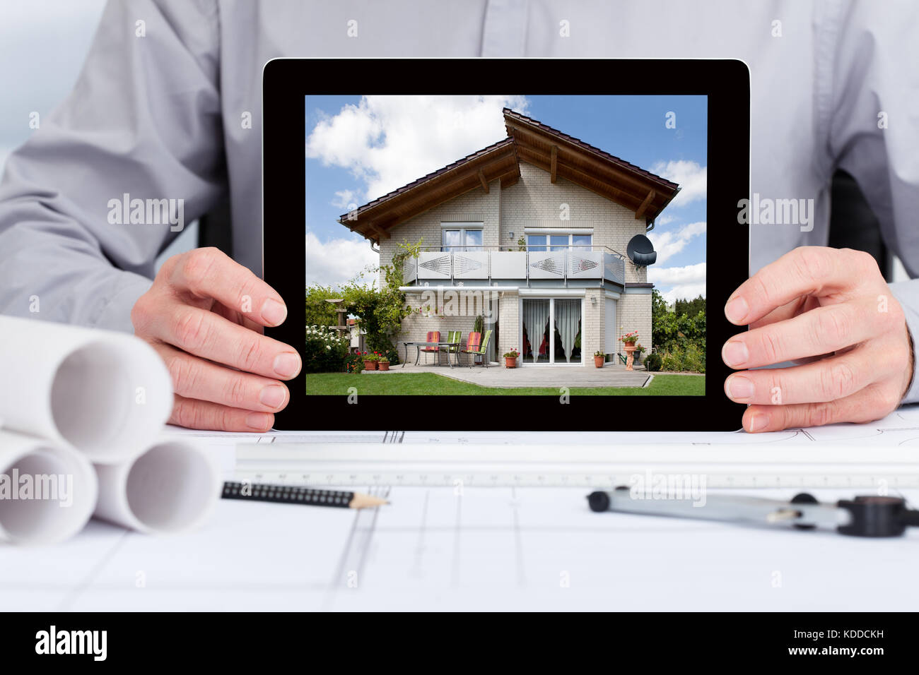 Close-up Of Architect Showing Picture Of House On Digital Tablet Stock ...
