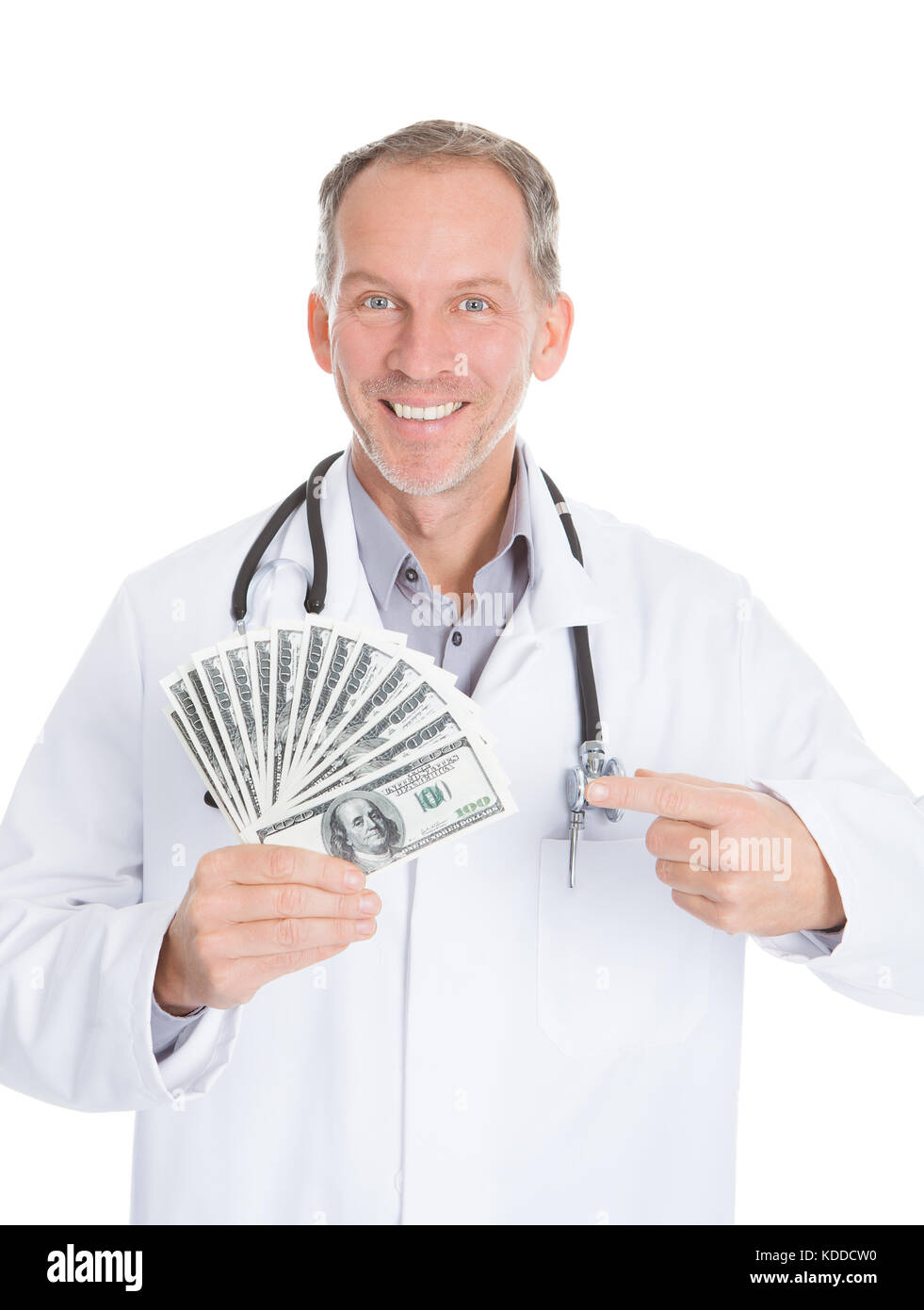 Portrait Of Happy Mature Male Doctor Holding Bank Notes Stock Photo