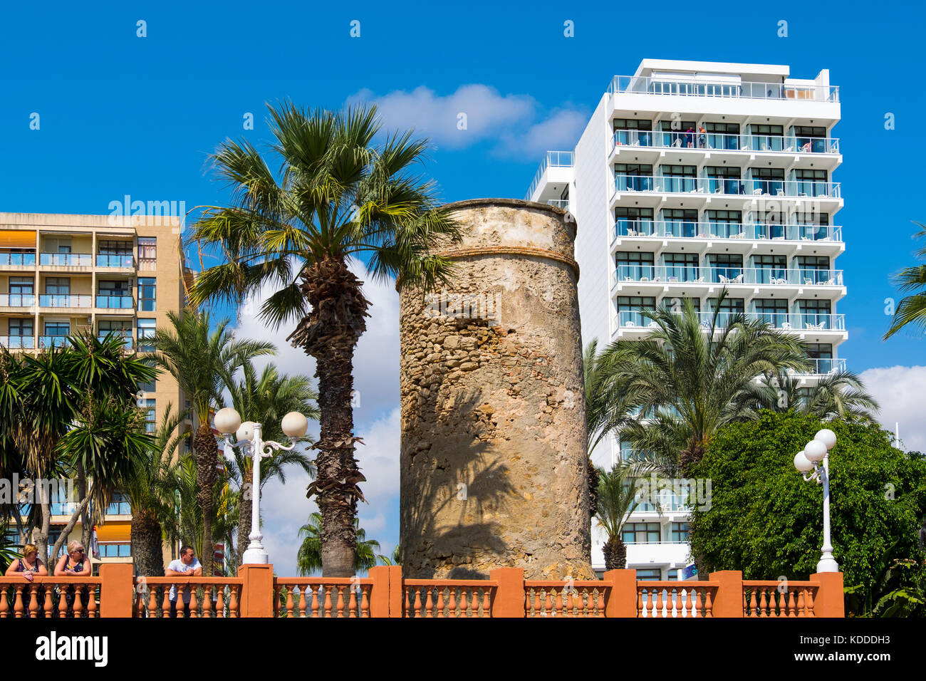 Watch-tower, palms & Hotel, Benalmadena. Málaga province, Costa del Sol, Andalusia. Southern Spain Europe Stock Photo