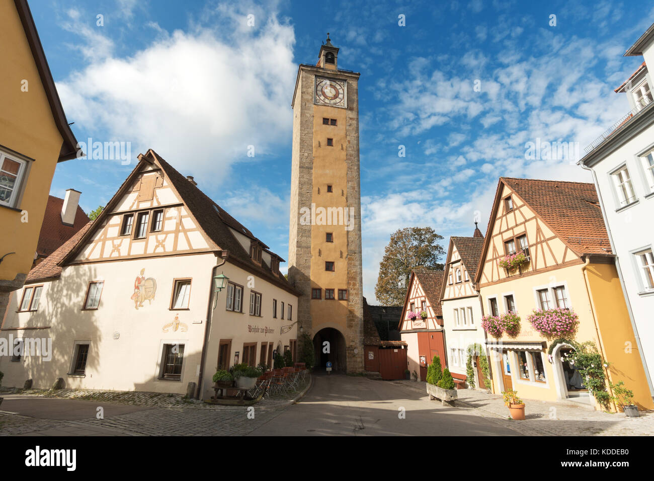 The castle tower and gate from Herrngasse, Rothenburg ob der Tauber, Bavaria, Germany, Europe Stock Photo