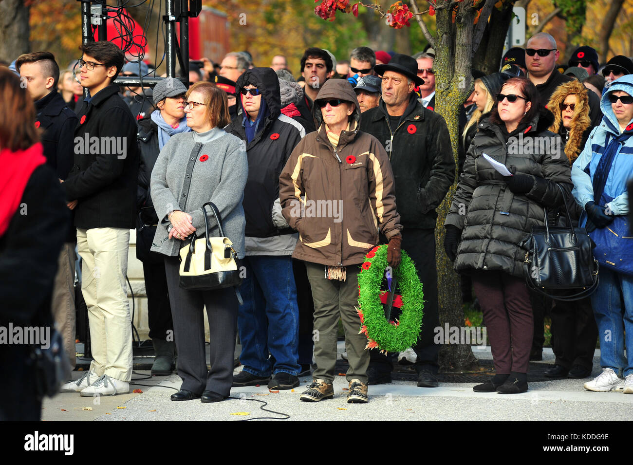 A crowd wearing poppies attend a remembrance day ceremony in London