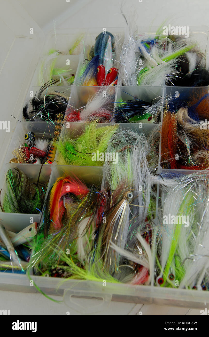Streamer flies used for catching kingfish while fly fishing offshore Stock Photo