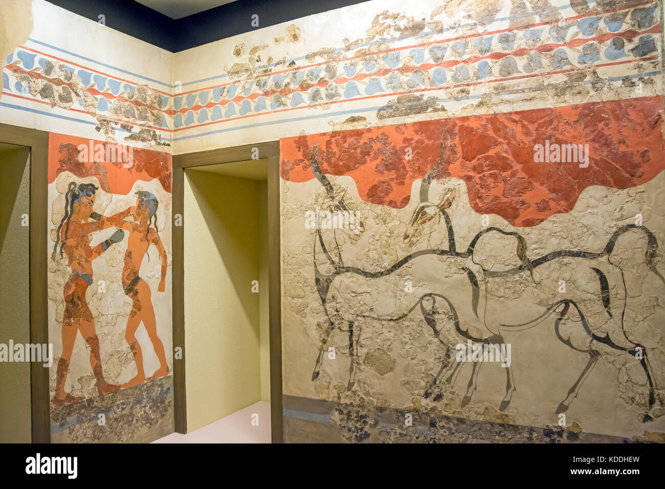 Akrotiri wall frescoes of boys boxing and antelolpe Athens National Archaeological Museum display Stock Photo