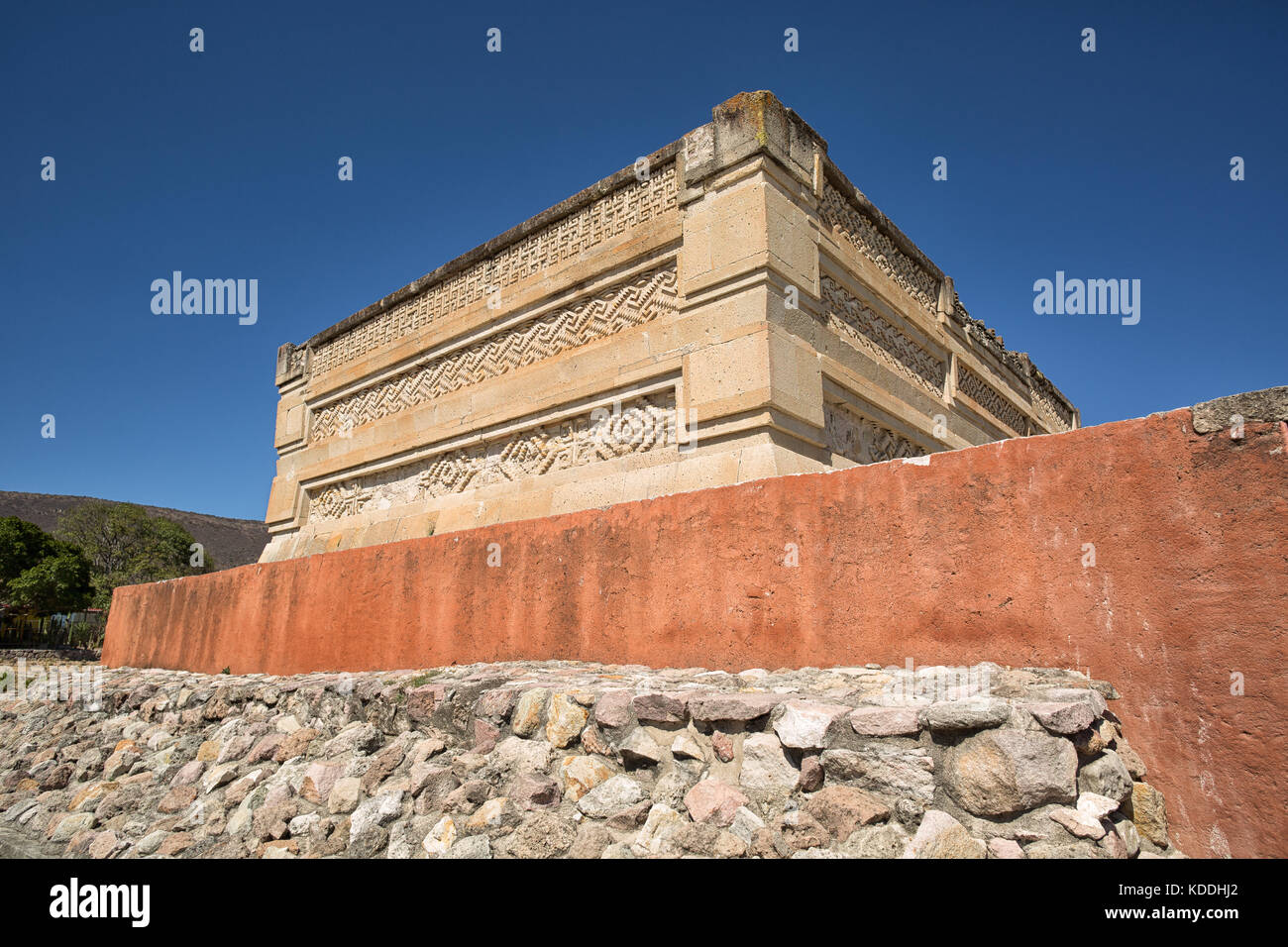 elaborate and intricate mosaic fretwork and geometric designs that cover tombs, panels, friezes and even entire walls at Mitla Mexico Stock Photo